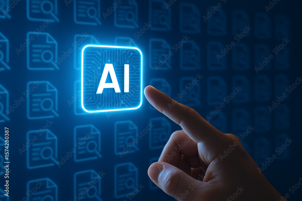 Poster ai artificial intelligence technology concept with hand touching ai button interface screen
