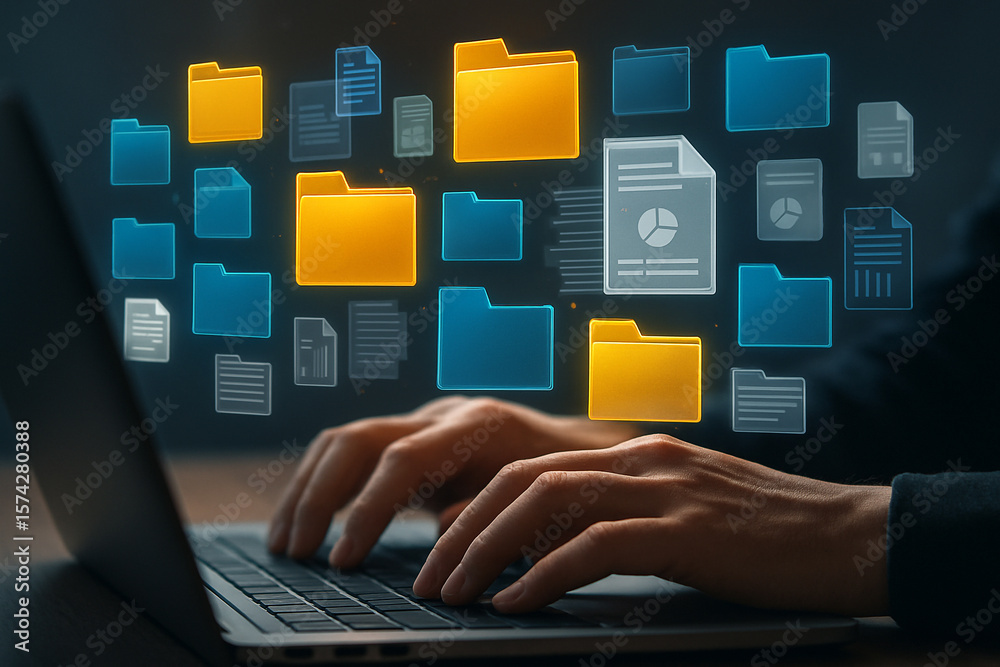 Poster data management and organization with digital file folders on a laptop for efficient workflow 100