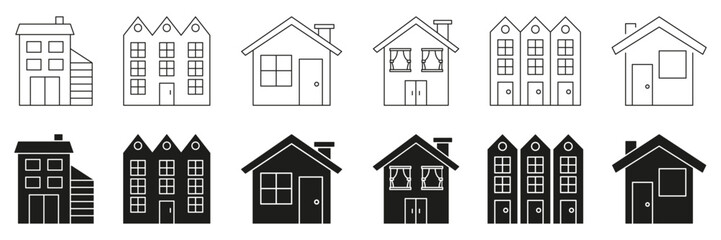 Various House Designs Line And Solid Icon Set. Residential Architecture And Building Styles Symbol Collection. Urban And Suburban Housing Concepts. Isolated Vector Illustration