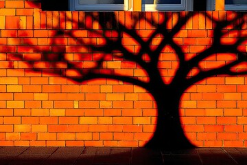 Silhouette of a tree cast on an orange brick wall