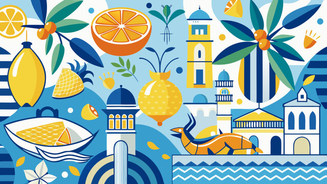 Italian Mediterranean Amalfi coast vector print – scenic seaside village with lemons, ocean view, historic architecture, and vibrant summer holiday vibes