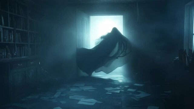 Dark hooded figure with glowing eyes materializes in dimly lit room with scattered papers, emerging from bright doorway against bookshelf background. Eerie supernatural scene with dramatic lighting
