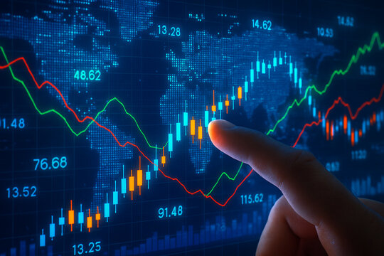 Stock market analysis and trading strategy financial chart with finger pointing concept for investment