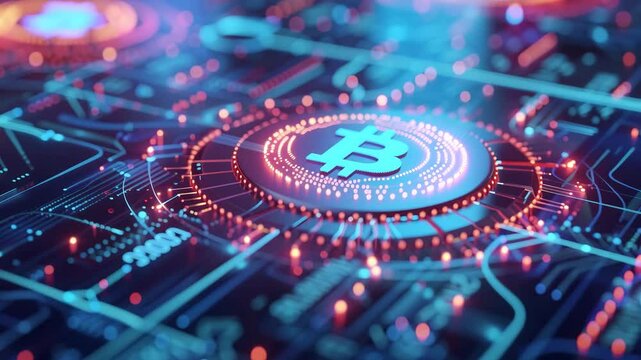 Bitcoin and Blockchain Technology: An intricate and glowing circuit board featuring a prominent Bitcoin symbol, representing the digital currency and its underlying blockchain technology.