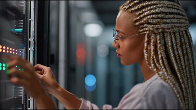 Tech professional works diligently on server configuration in a modern data center environment