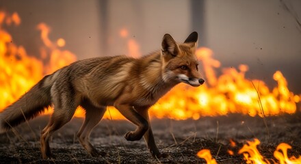 A wild fox walking through a burning landscape with flames in the background. Wildlife and nature under threat.