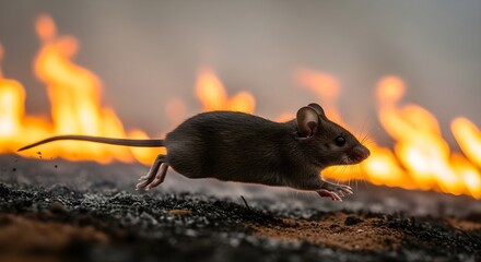 Little mouse jumping and running away from a large dangerous fire. Wild animal in a natural disaster concept.