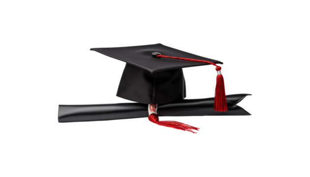 A classic black graduation cap with a vibrant red tassel, resting on a rolled-up diploma, symbolizing academic achievement png