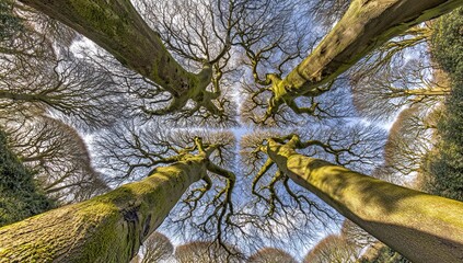 Low-angle view of several large trees, their branches and trunks reaching up toward a partly cloudy sky.  The sunlight filters through the bare branches