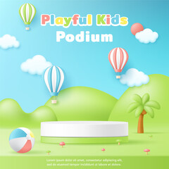 3D vector playful kid product display cylinder stand podium banner with hot air balloons and green hills. Perfect background for baby store, children toy, fashion discount promotion sale, social media
