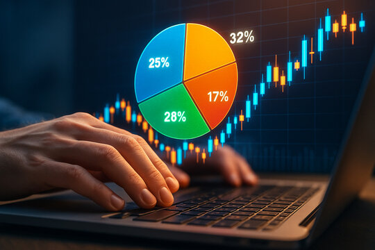 Analyzing financial data and stock market trends using laptop with charts and pie graph on screen - Powered by Adobe