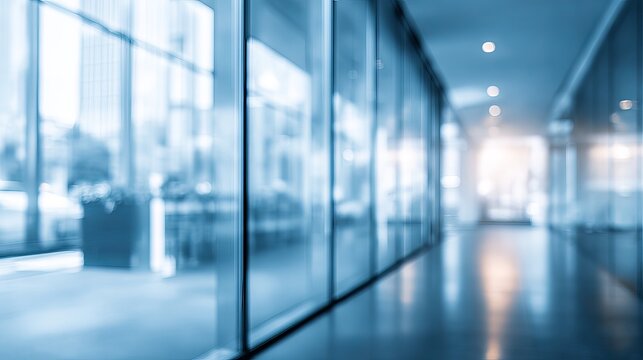 Serene blue toned hallway in modern office building with large glass windows creating soft, diffused light.