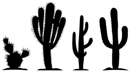 Set of cactus silhouette vector illustrations. Includes various cactus shapes in black on a white background. Ideal for desert, botanical, or nature-themed design projects.