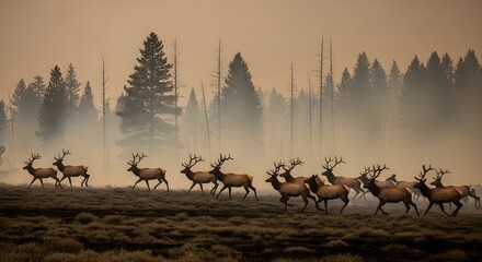 Herd of elk running through smoke and haze in a forest, fleeing wildfire disaster. Wild animal evacuation during fire season.