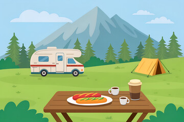 山をバックにキャンピングカーとテントとテーブル
