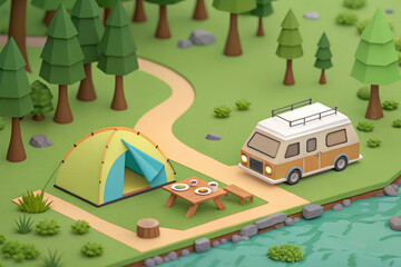川のそばのキャンピングカーとテントとテーブル
