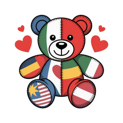 A cute teddy bear with flags of different countries isolated on transparent background