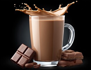 Glass mug of chocolate drink with splash, surrounded by chocolate bars and coffee beans