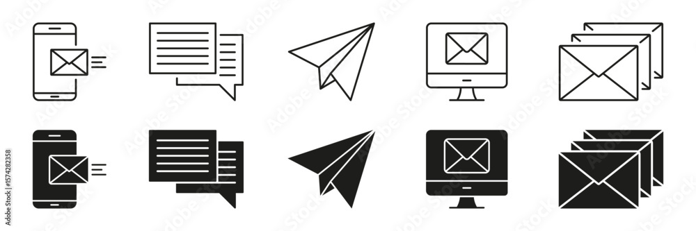 Fototapete Email And Messaging Communication Line And Solid Icon Set. Digital Correspondence, Mobile Messaging Symbol Collection. Email Delivery And Online Chat Interface. Isolated Vector Illustration