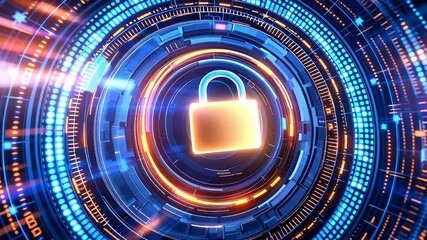Glowing padlock icon surrounded by futuristic circular digital interface with dynamic blue and orange light streams representing data security and technological innovation. - Powered by Adobe