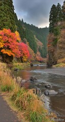 Autumnal river valley with vibrant foliage