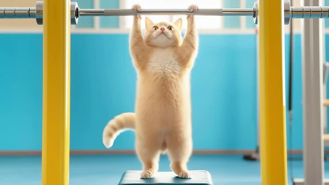 Cream-colored cat hanging from horizontal bar in blue fitness studio. Cat demonstrates strength by holding onto metal bar with yellow equipment supports. Lockdown static camera.