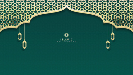 Elegant green Islamic backdrop with hanging lights