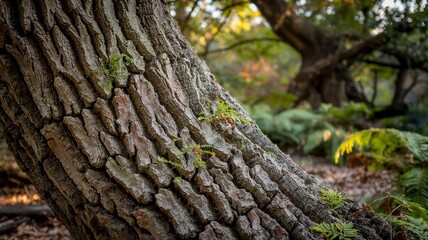 Obraz premium Close up of rough textured tree bark with green moss