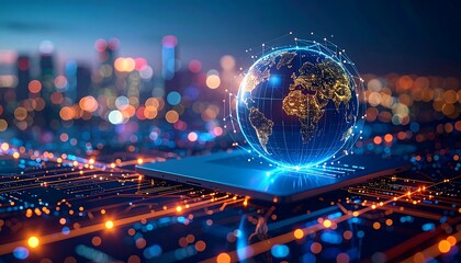 Global connectivity concept, Earth hovering over circuit board in city lights