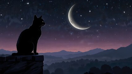 Silhouette of a black cat against a starry night and a crescent moon over scenic mountain landscape.