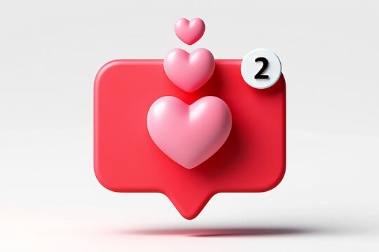 Social media notification with three pink hearts and a number two