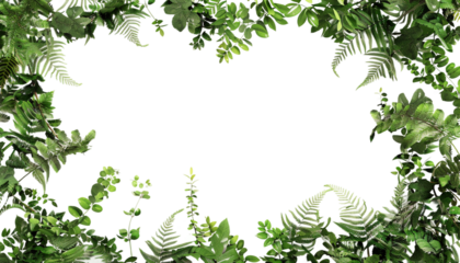 Lush green fern leaves and tropical foliage frame a clear center, offering a natural and vibrant border png