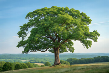 青空の下の緑の葉の生い茂る巨木
