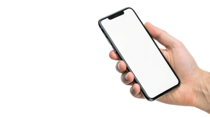 hand holding modern smart phone with blank screen and modern frameless design mockup isolated on transparent background