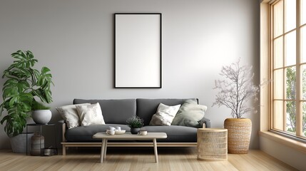 Modern Living Room Poster Mockup with ISO A Frame – Perfect for Interior Design Presentations	

