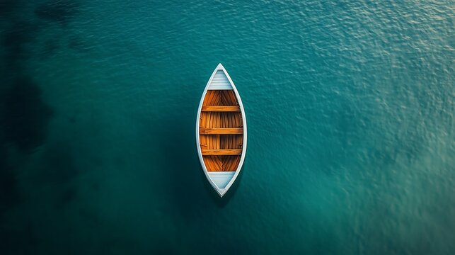 Minimalist Top-Down Aerial View of White Boat on Calm Blue Water