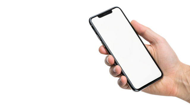 hand holding modern smart phone with blank screen and modern frameless design mockup isolated on transparent background