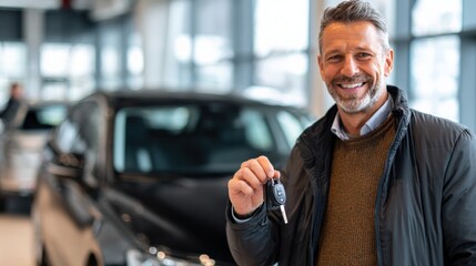 Happy customer holding car keys with new vehicle in the background, dealership branding visible.