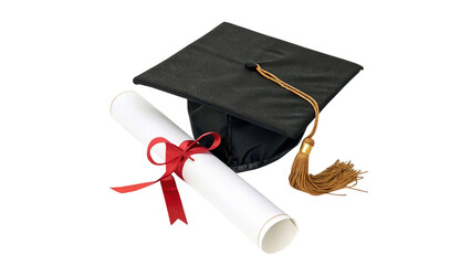 Classic black graduation cap with a gold tassel, representing academic achievement and diploma isolated on transparent background