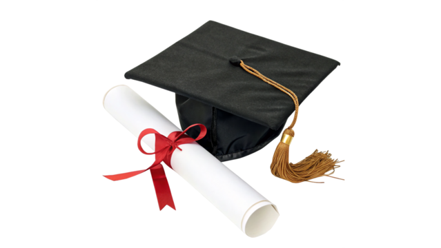 Classic black graduation cap with a gold tassel, representing academic achievement and diploma isolated on transparent background