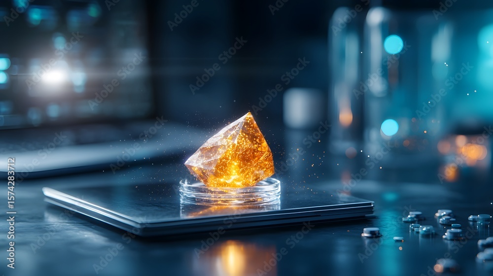 Poster a high tech minimalist laboratory setting with a glowing crystal like structure displayed on a smart