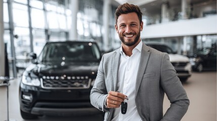 Happy customer holding car keys with new vehicle in the background, dealership branding visible.