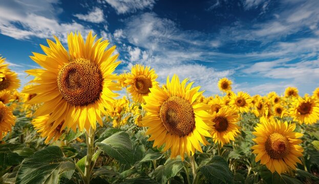 Sunflowers bloom in field on bright day, clouds. For ecology, agriculture, travel