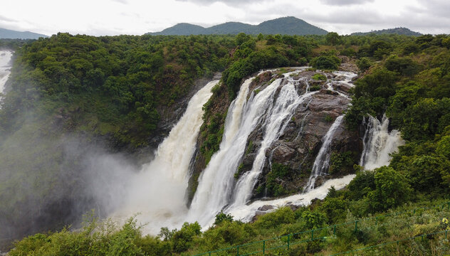 The Magnificent Shimsha or Shivanasamudra cascade, milky water, nature, landscape, picturesque, panorama, monsoon, clouds, in the forests of Bluff in Karnataka, India.