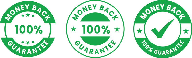 Green 100% money back guarantee badge vector set – certified refund approval icons for eco-friendly product packaging, marketing, and business branding use.
