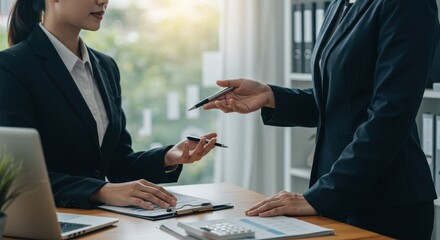 Businesswomen exchanging pens during a meeting, discussing documents and financial data