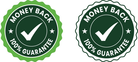 Green 100% money back guarantee badge vector set – certified refund approval icons for eco-friendly product packaging, marketing, and business branding use.