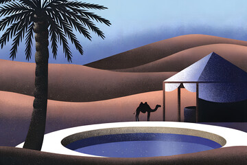 砂漠のオアシスのラクダとテント