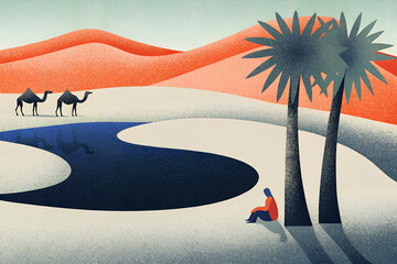 砂漠のオアシスでくつろぐ人とラクダ