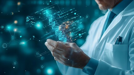 A scientist in a lab coat examining a real time holographic display of complex genetic patterns decoded using advanced and quantum computing techniques
